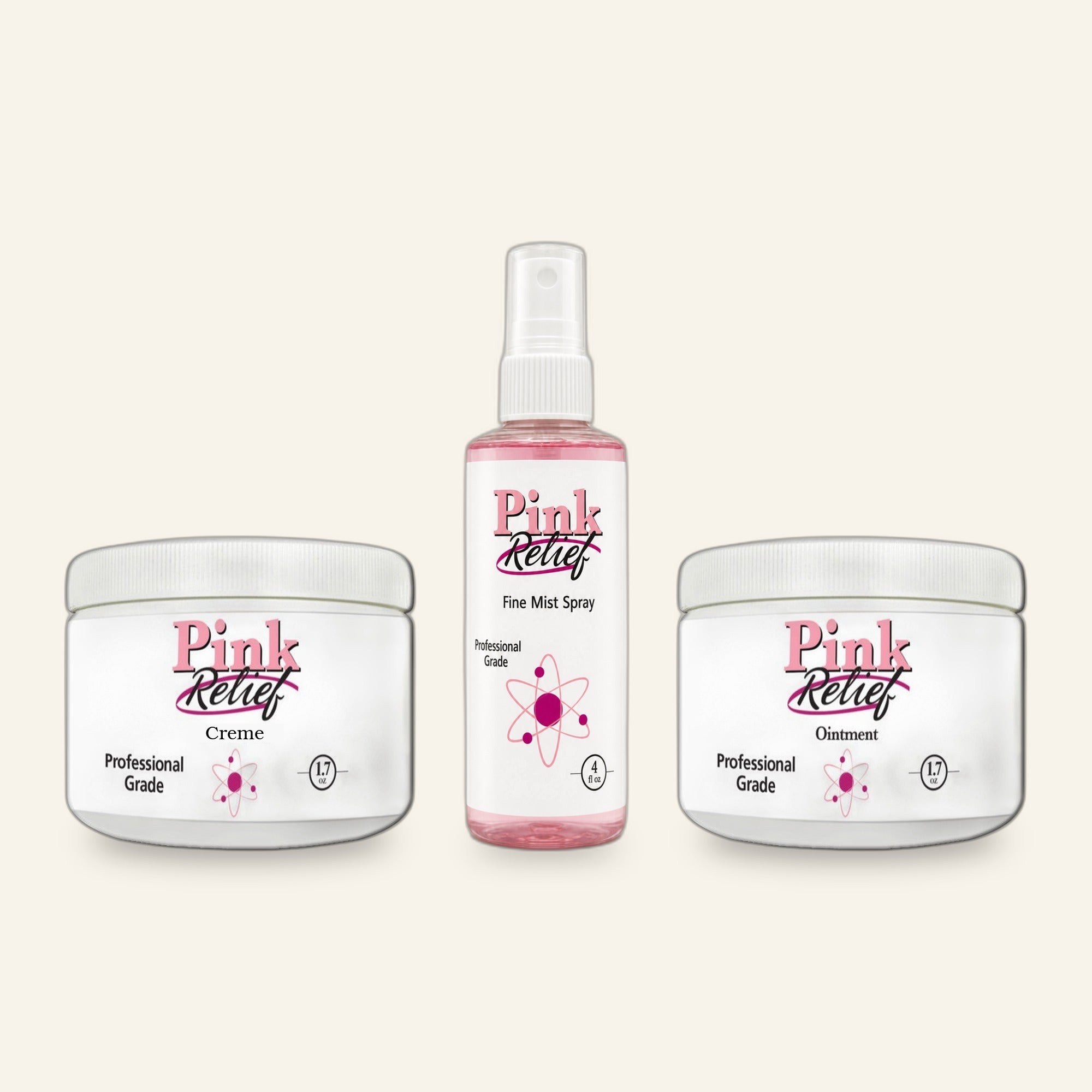 The Pink Relief Combo Pak containing the 4 oz. fine mist spray, the 1.7 oz. creme, and the 1.7 oz. ointment.