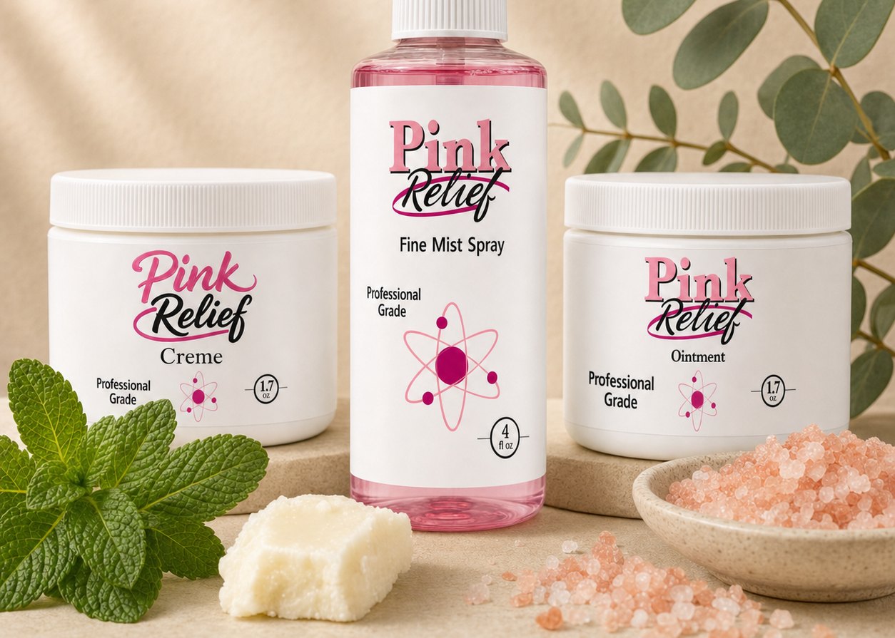 The Pink Relief Combo Pak containing the 4 oz. fine mist spray, the 1.7 oz. creme, and the 1.7 oz. ointment.